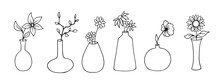 A Set Of Simple Linear Sketches Of Plants, Flowers In Vases. Vector Graphics.