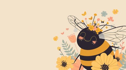 Wall Mural -  a bee with a flower crown on its head sitting in the middle of a field of yellow and pink flowers.