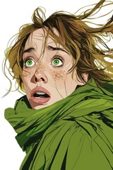 Canvas Print -  a drawing of a woman with green eyes and a green scarf around her neck with her hair blowing in the wind.