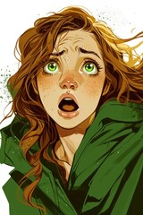 Sticker -  a drawing of a woman with freckles on her face and a green hoodie over her shoulders with a surprised look on her face.