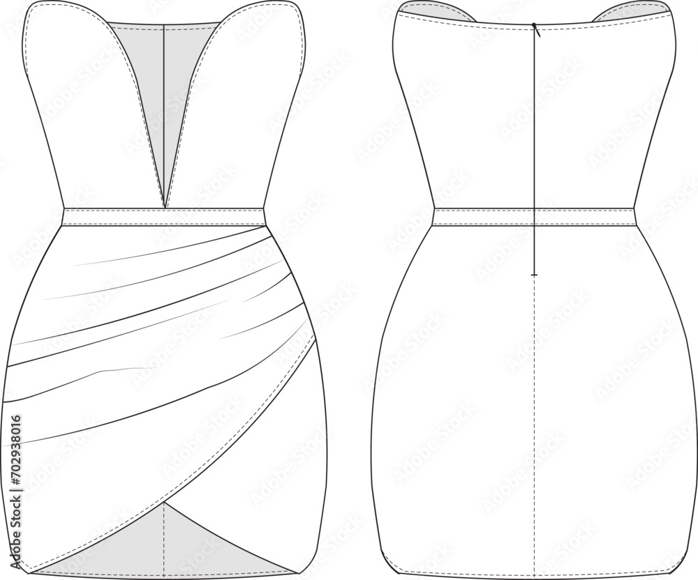 deep slit sweetheart neck strapless sleeveless mini short bodycon dress  template technical drawing flat sketch cad mockup fashion woman design  style model Stock Vector | Adobe Stock