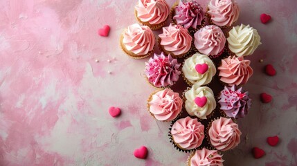 Wall Mural -  a bunch of cupcakes with pink and white frosting on a pink surface with hearts scattered around them.