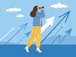 © Vectorcreator - See future concept. Girl looks through telescope, arrows direction, opportunities exploring, woman studies perspective, vector illustration.eps