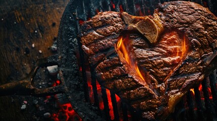  a steak on a grill with a heart shaped piece of meat on top of it with flames coming out of the grill.