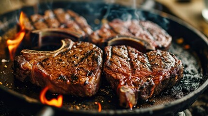 Wall Mural -  steaks being cooked in a skillet with flames coming out of the bottom of the skillet and the steaks being grilled in the bottom of the skillet.