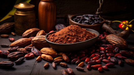 Riped cocoa pod and nibs, cocoa beans setup background