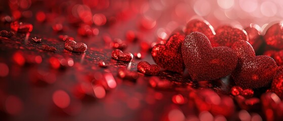 Wall Mural -  a group of red hearts sitting next to each other on top of a red table covered in drops of water.