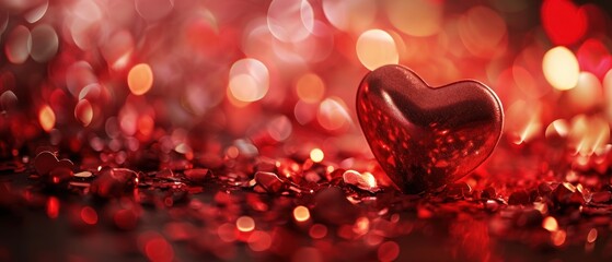 Wall Mural -  a red heart sitting on top of a table next to a pile of red confetti covered in glitter.