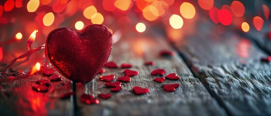 Sticker -  a red heart sitting on top of a wooden table next to a bunch of red hearts on top of a wooden table.