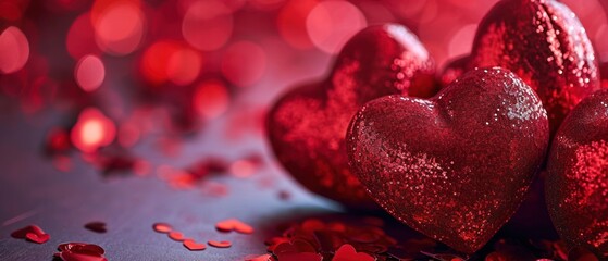 Poster -  a group of red hearts sitting on top of a table next to a pile of red confetti hearts.