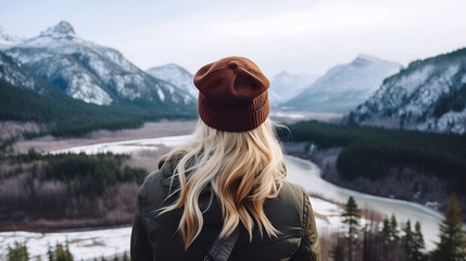 Rearview photography of a carefree young woman looking at the beautiful valleys, snowy mountains, and rivers landscape, outdoors in cold winter, girl with blonde hair wearing a jacket and a cap