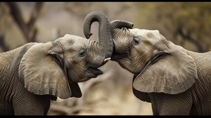 Canvas Print -  two elephants standing next to each other with their trunks touching each other's foreheads in front of a blurry background.