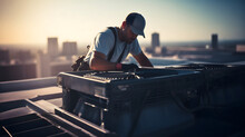 Technician Man Doing Repair Or Maintenance Work Service On Electric Air Conditioner On The House Or Building Roof, Wearing Working Uniform And A Hat.Professional Electricity Worker Fixing Ventilation 