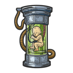 artificially born created baby in science fiction laboratory sketch hand drawn color engraving vecto