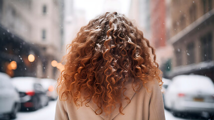 Wall Mural - Close up rearview photo of a young woman with curly red hair standing on a snowy city street, wearing a coat. Female person outside in cold weather, blurred parked frozen cars, winter season