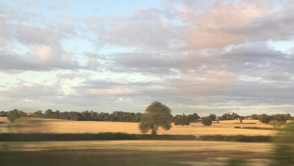 Wall Mural - wide shot view of landscape from train window of fields and trees going past typical fields south west England landscape 