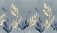Blue Vintage Tropical Leaves In Seamless Border Design Premium Wallpaper Luxury Silver Grey Background Texture Mural Art 3d Dark Watercolor Floral Illustration Golden Beige Subdued Pink Colors