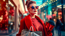 Woman In Sunglasses And Red Coat Carrying Shopping Bags On City Street.