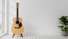 Acoustic Guitar Mockup On Stand In White Empty Room 3d Rendering