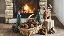 Cozy Christmas Farmhouse Modern Rustic Decor With Stylish Wicker Basket Wooden Trees And Pine Cones By A Burning Fireplace