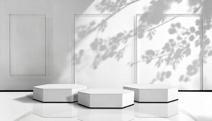 three empty blank hexagon shaped podiums or dais in white room background with tree shadow on the back wall and reflective floor product or design placement template