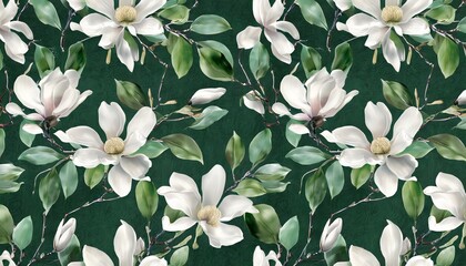 Poster - magnolia flowers seamless pattern luxury wallpaper floral background white gypsophila dark green leaves tropical hand painted watercolor 3d illustration vintage style mural digital artwork