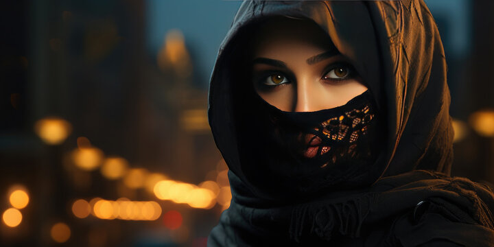 Portrait of an Arab girl in a black hijab, covering her face, against the backdrop of a city street.February 1 is World Hijab Day