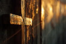 Old Rusty Wooden Cross Against A Dark Background With A Ray Of Light. Religion Symbol Of Christianity