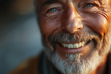 Close up shot of smiling bearded elderly man. Male mouth with teeth. Positive emotion