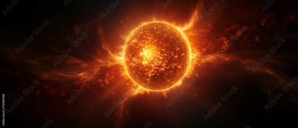 Bright Sun against dark starry sky in Solar System. Powerful Sun Solar ...