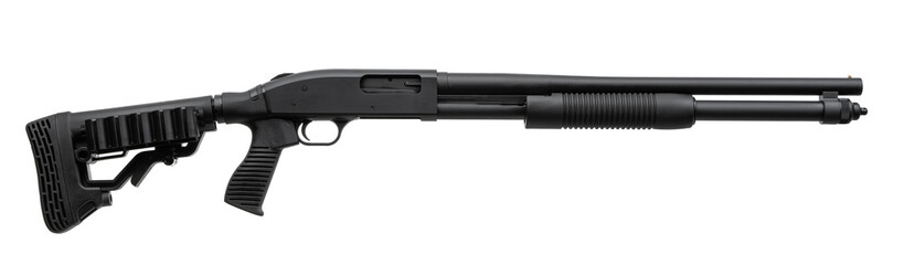 Wall Mural - Pump-action 12 gauge shotgun isolated on a white background. Additional handle. A smooth-bore weapon with a plastc stock.