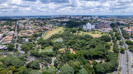 Aerial view of Taquaral park in Campinas, São Paulo. In the background, the neighborhood of Cambui.