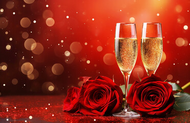 Two flute glasses with sparkling champagne rose on red pink golden background with golden bokeh lights confetti glitter. Valentine's day celebration concept