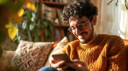 Sticker - Man holding her smartphone while sitting at home.