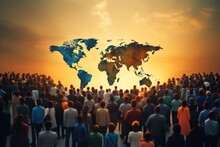 Global Business World Map Globalization World Map Concept. Crowd Of People, Multicultural People Forming A World Map In A Crowd, AI Generated