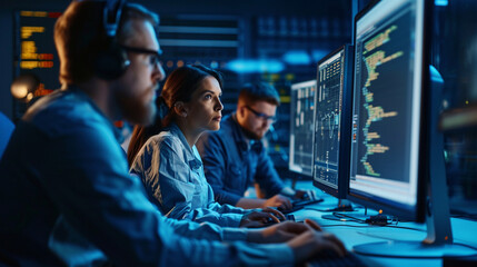 Wall Mural - a tech team troubleshooting together in front of computer monitors, teamwork, blurred background, wi