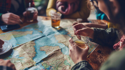 A group of friends planning a trip together with a map, Teamwork, blurred background, with copy space