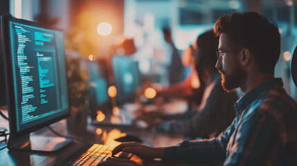 A team of web developers collaborating on design and layout, Team, Teamwork, blurred background, with copy space