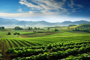 Wall Mural - Landscape of chinese cabbage field with blue sky and mountain background, Panoramic photo of a beautiful agricultural view with pepper and leek plantations, AI Generated