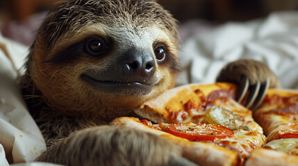 Wall Mural - cute handsome sloth eating pizza.