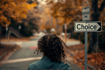 Choice concept image with back of a woman in front of a crossroad with a sign with written Choice word