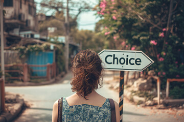 Choice concept image with back of a woman in front of a crossroad with a sign with written Choice word