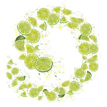 Swirl Of Lime Slices In Circular Spiral. Ripe Citrus Fruits On Background Of Splashes Of Juice. Colored Confetti, Flying Abstract Dots. Yellow Green Swirls. Watercolor Illustration Of Summer Fruit.