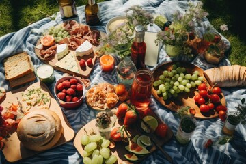 Wall Mural - An overhead shot of a picnic blanket spread with delicious food on a sunny meadow