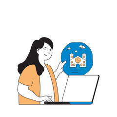 Poster - Travel concept with cartoon people in flat design for web. Woman researching information for going to trip with sightseeing excursions. Vector illustration for social media banner, marketing material.