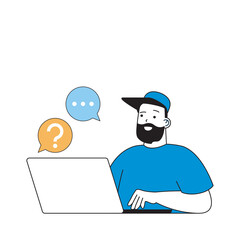 Poster - Delivery concept with cartoon people in flat design for web. Man works in client support of logistics company, answering client chat. Vector illustration for social media banner, marketing material.