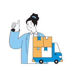 Aufkleber - Delivery concept with cartoon people in flat design for web. Woman works in logistics company with trucks carry parcels to warehouse. Vector illustration for social media banner, marketing material.