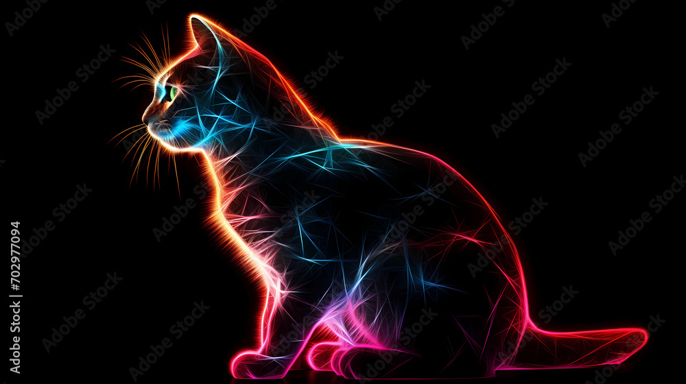 Cat Animal Plexus Neon Black Background Digital Desktop Wallpaper HD 4k ...