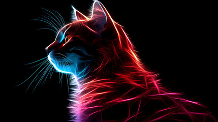 Wall Mural - Cat Animal Plexus Neon Black Background Digital Desktop Wallpaper HD 4k Network Light Glowing Laser Motion Bright Abstract	
