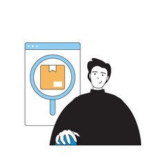 Leinwandbilder - Delivery concept with cartoon people in flat design for web. Man waiting parcel box shipping and tracking code at postal website. Vector illustration for social media banner, marketing material.